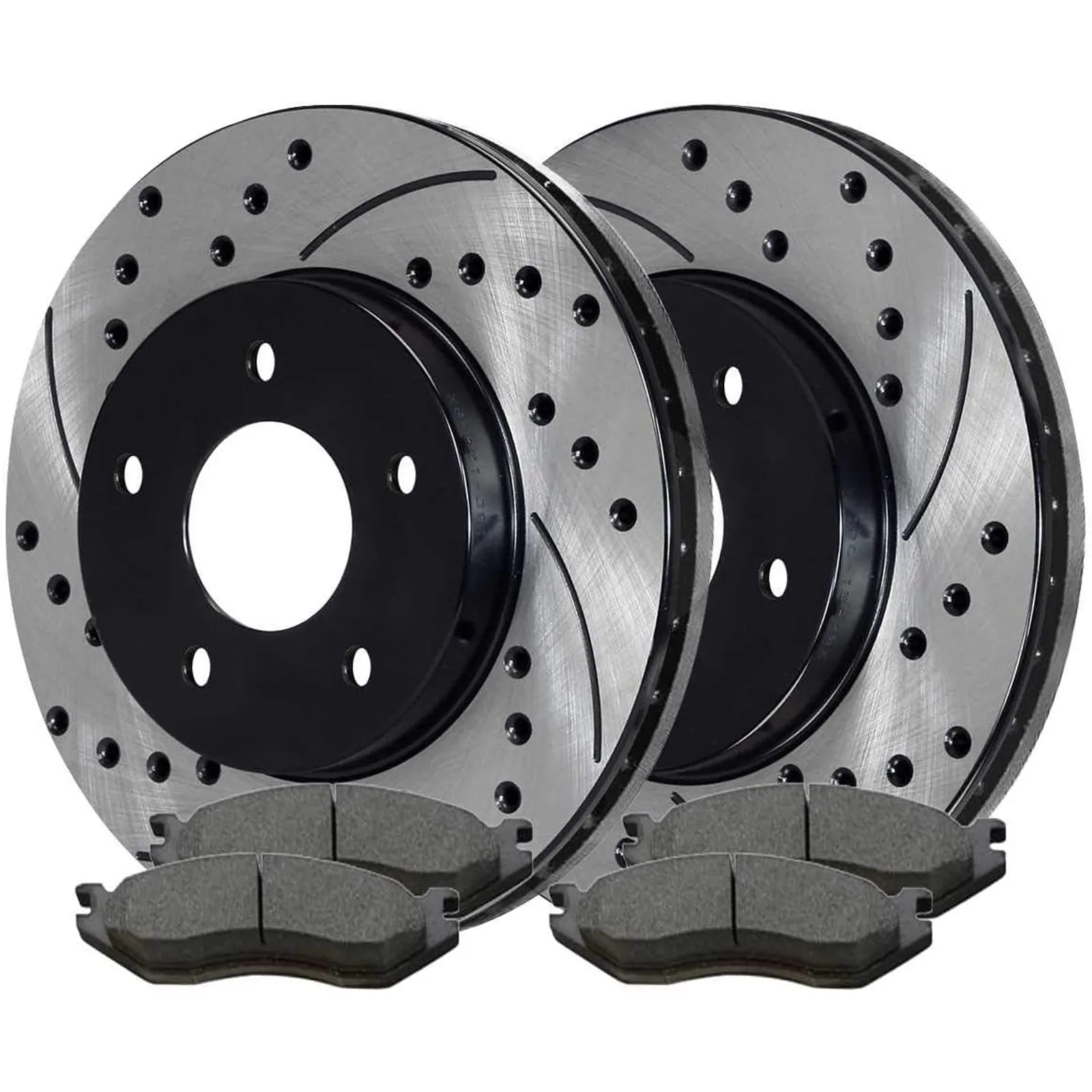 US  Front Drilled and Slotted Brake Kit Rotors Black and Ceramic Pads Pair of 2 Driver and Passenger Side Replacement