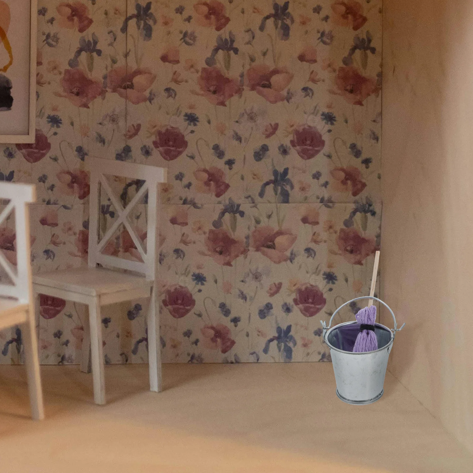 

Miniature Mop and Metal Bucket Handcrafted Realistic Cleaning Set for Dollhouse Floor and Home Scene Accessories Small Tin