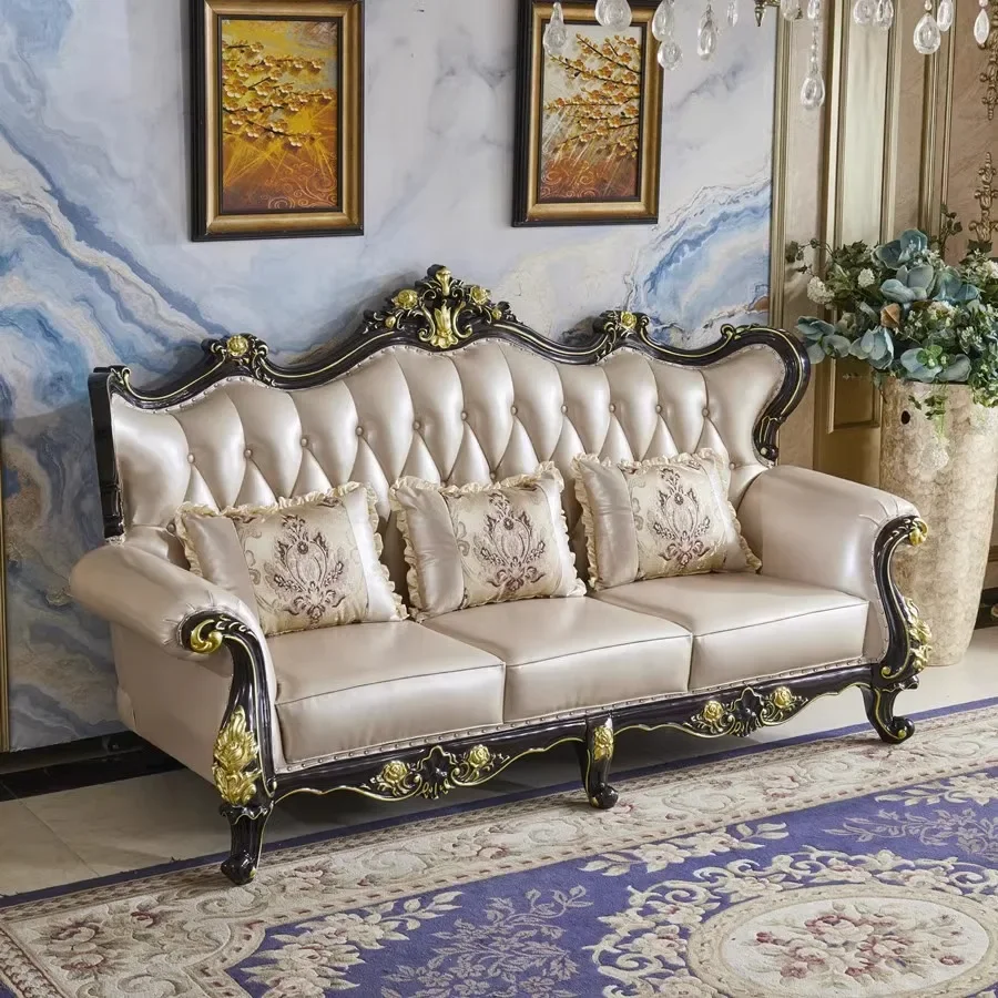 European solid wood sofa high-end ebony living room combination double single engraved pattern leather art complete furniture