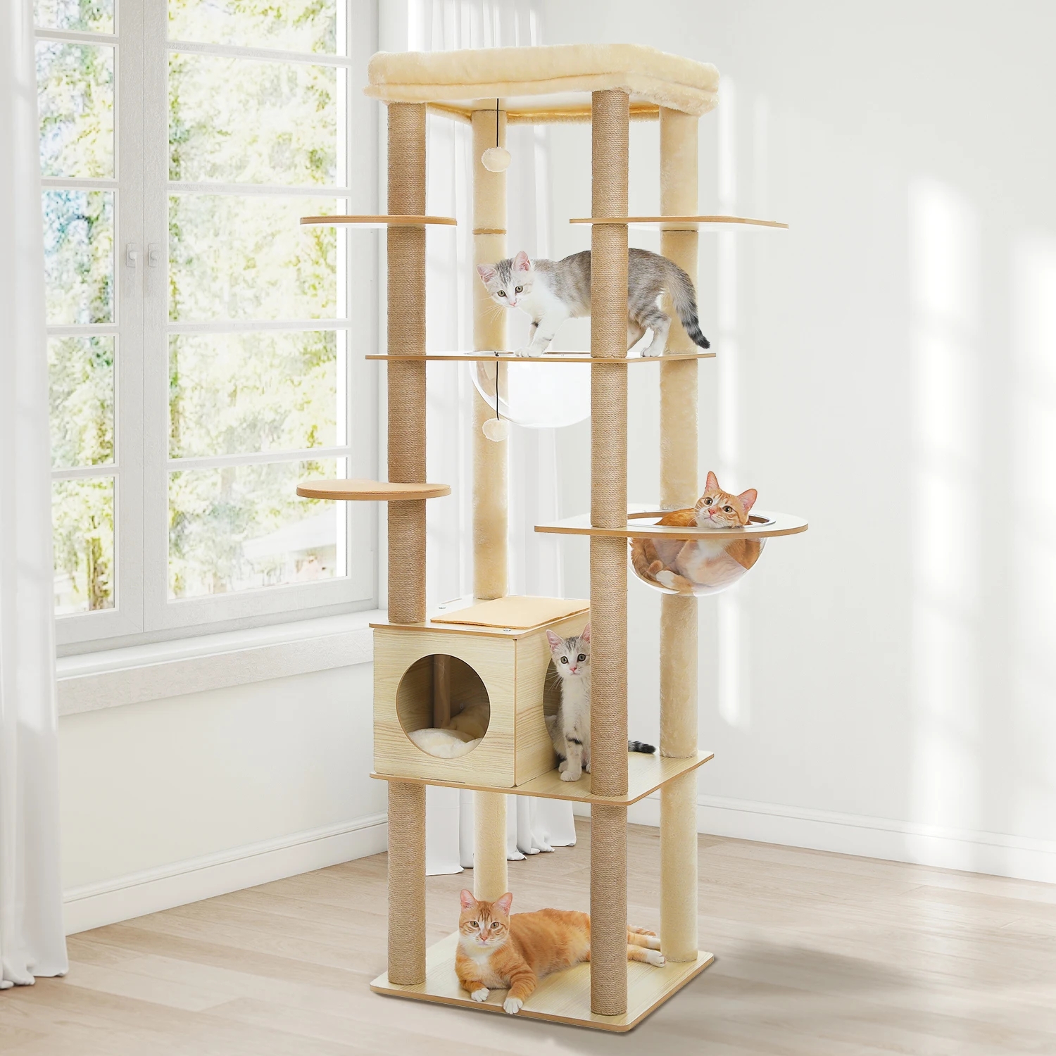 Großer Katzenbaum mit 2 Acryl-Hängematten, Hoher Holz-Katzenturm mit Kratzpfosten & Geräumiger Oberer Liegefläche, Mehrstöckiges Katzenspielzeug für Innenräume