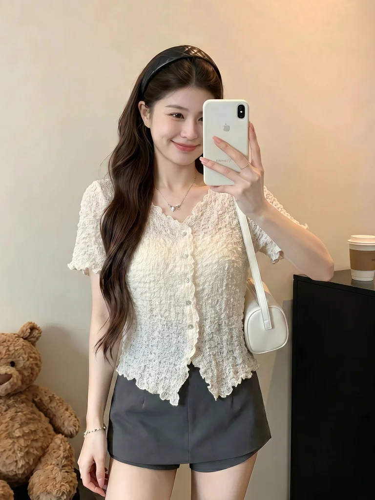 Summer New Women's V-neck Short-sleeved T-shirt Textured Beautiful Large Size Fat MM Cute Top Korean Style Button Detail Loos...