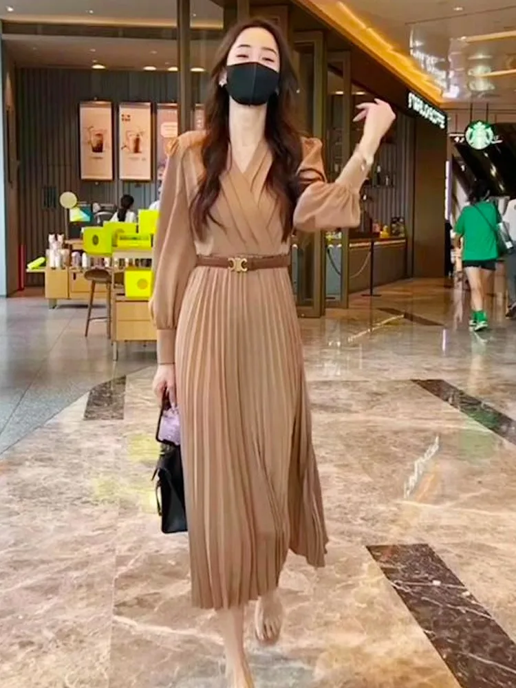 

Ele Korean Sle Spring Autumn New Arrival Slimming Godd Tie Waist Tea Break Dr High Waist V Ne Long Sve Dr