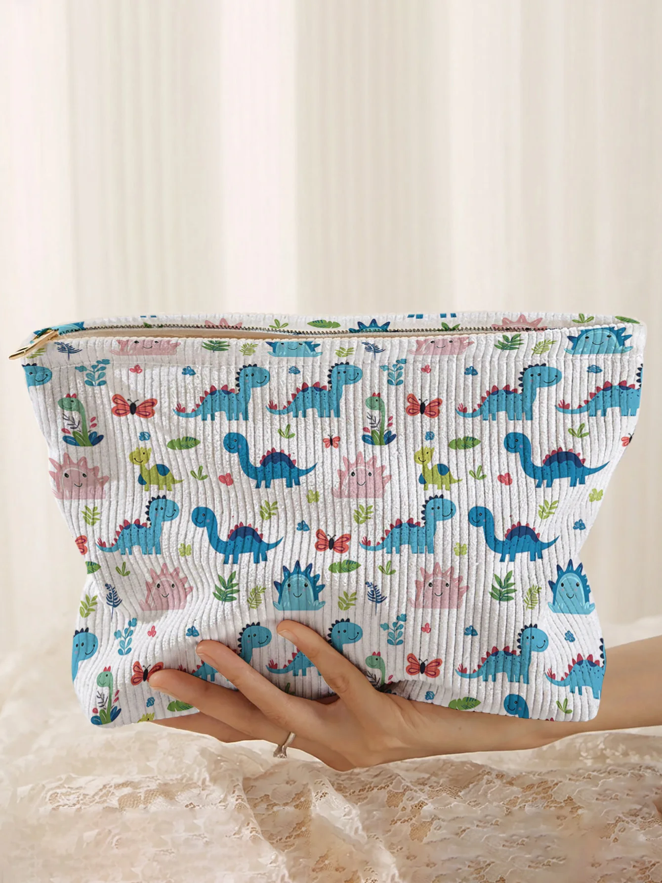 Sac de maquillage en velours côtelé avec imprimé de dinosaures et de papillons mignons, pochette légère à fermeture éclair, sac de rangement cosmétique multifonctionnel doublé