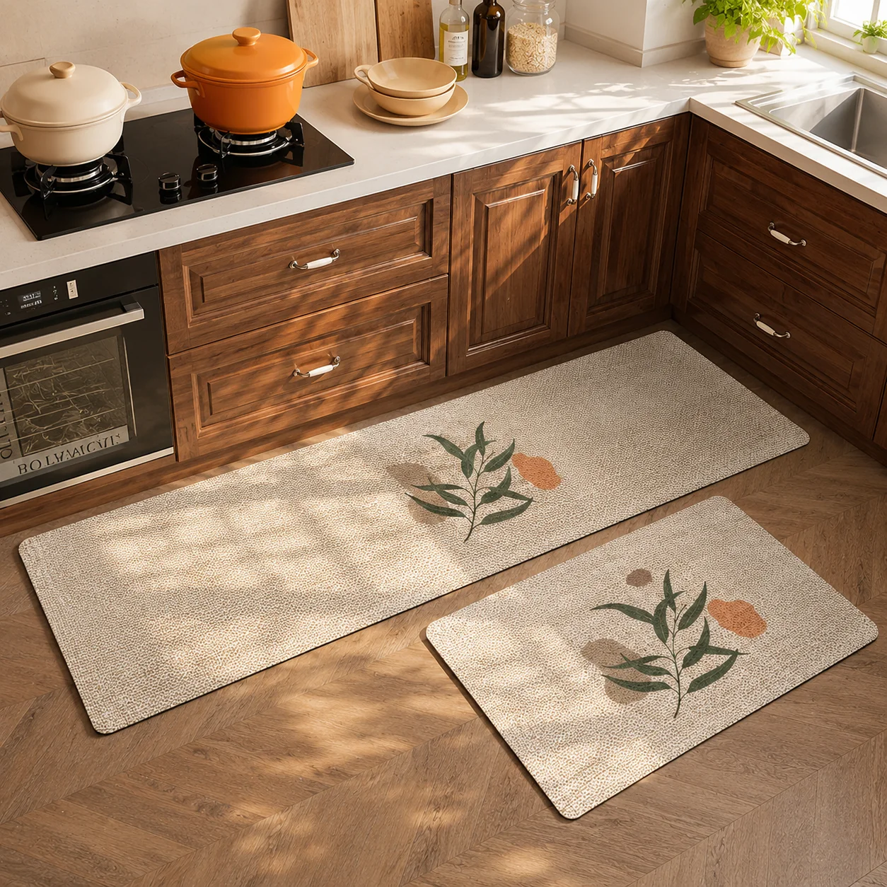 Linen Kitchen Rugs Set 2 Piece Textured Non Slip Waterproof Backing Minimalist Mats for Kitchen Hallway Entry Door Home Decor