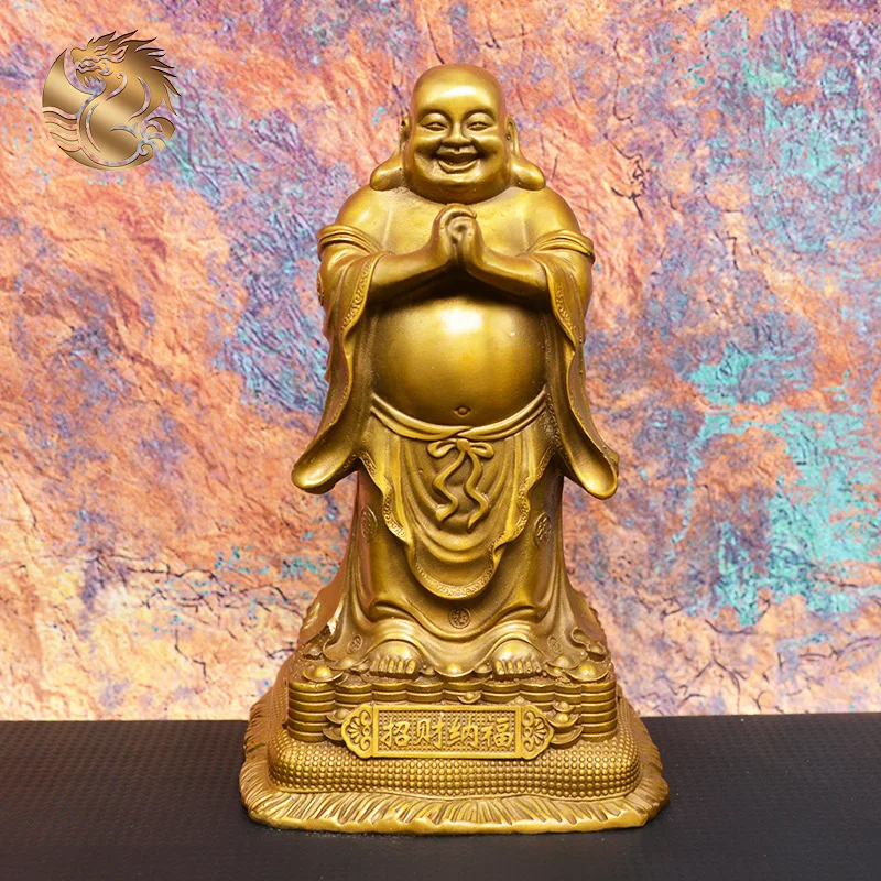 All-brass, wealth-attracting, large-bellied Maitreya Buddha statue for display in the foyer, a copper Buddha figurine as a gift