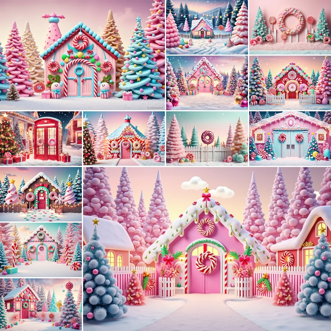 

MOON.QG Pink Christmas Background Snow Candy Canes Festive Archways Backdrop Photography Accessories Photocall Studio Wallpaper