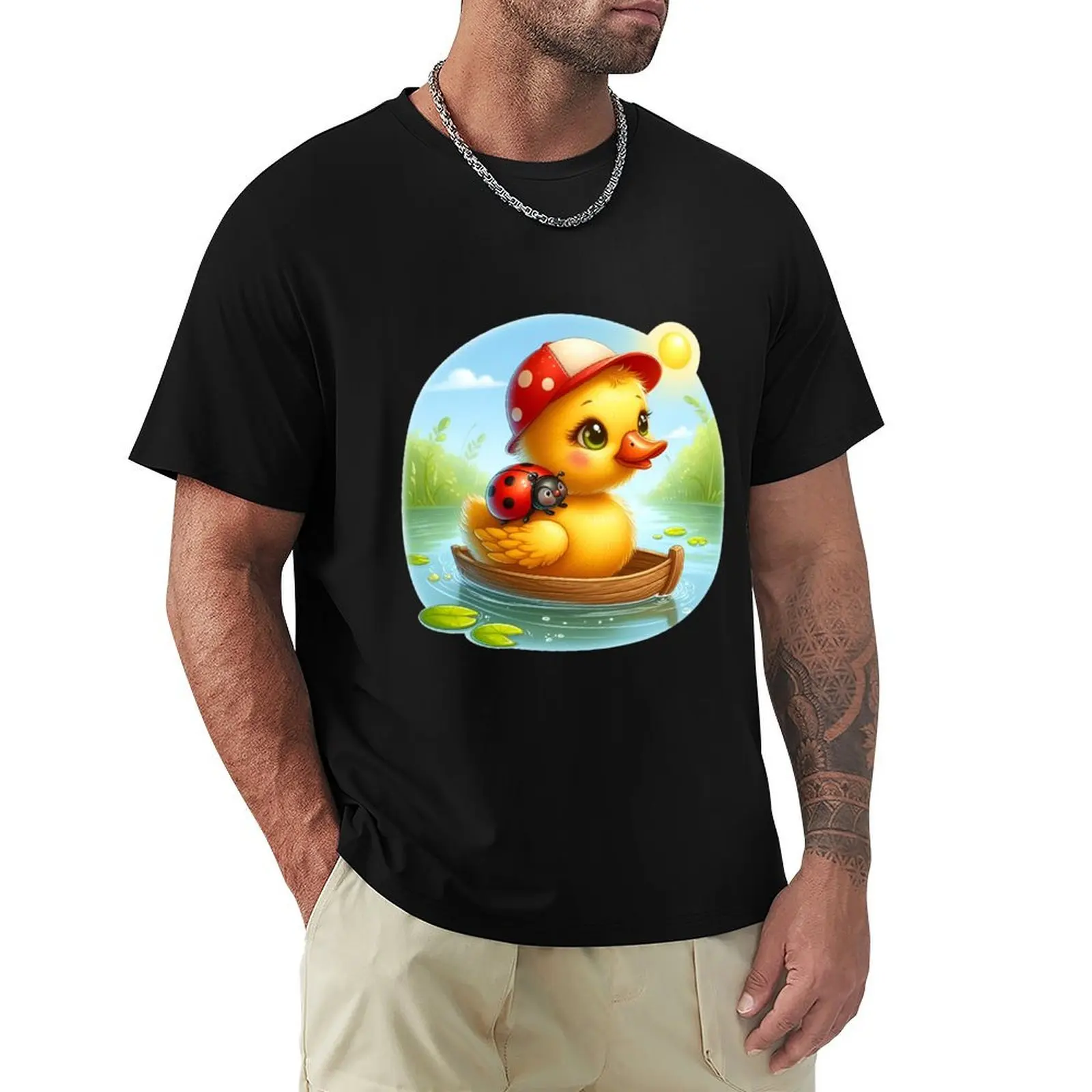 Cute Duckling in Boat - Adorable Animal Art Print T-Shirt Light Athletic Short Sleeve Tee Shirt