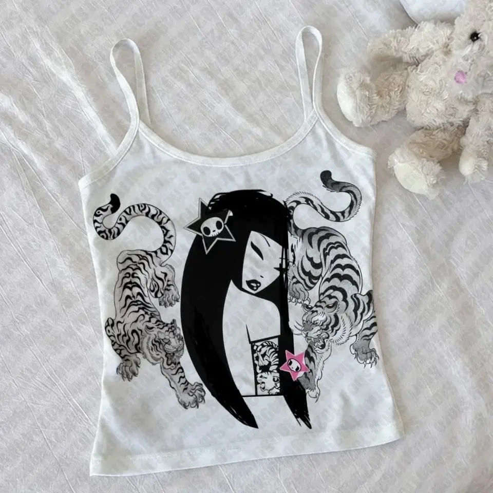 Y2K Millennium Spicy Girl Double Tiger Cartoon Skeleton Star Slim Fit Camisole Women's Subculture Top Casual round Hem Print
