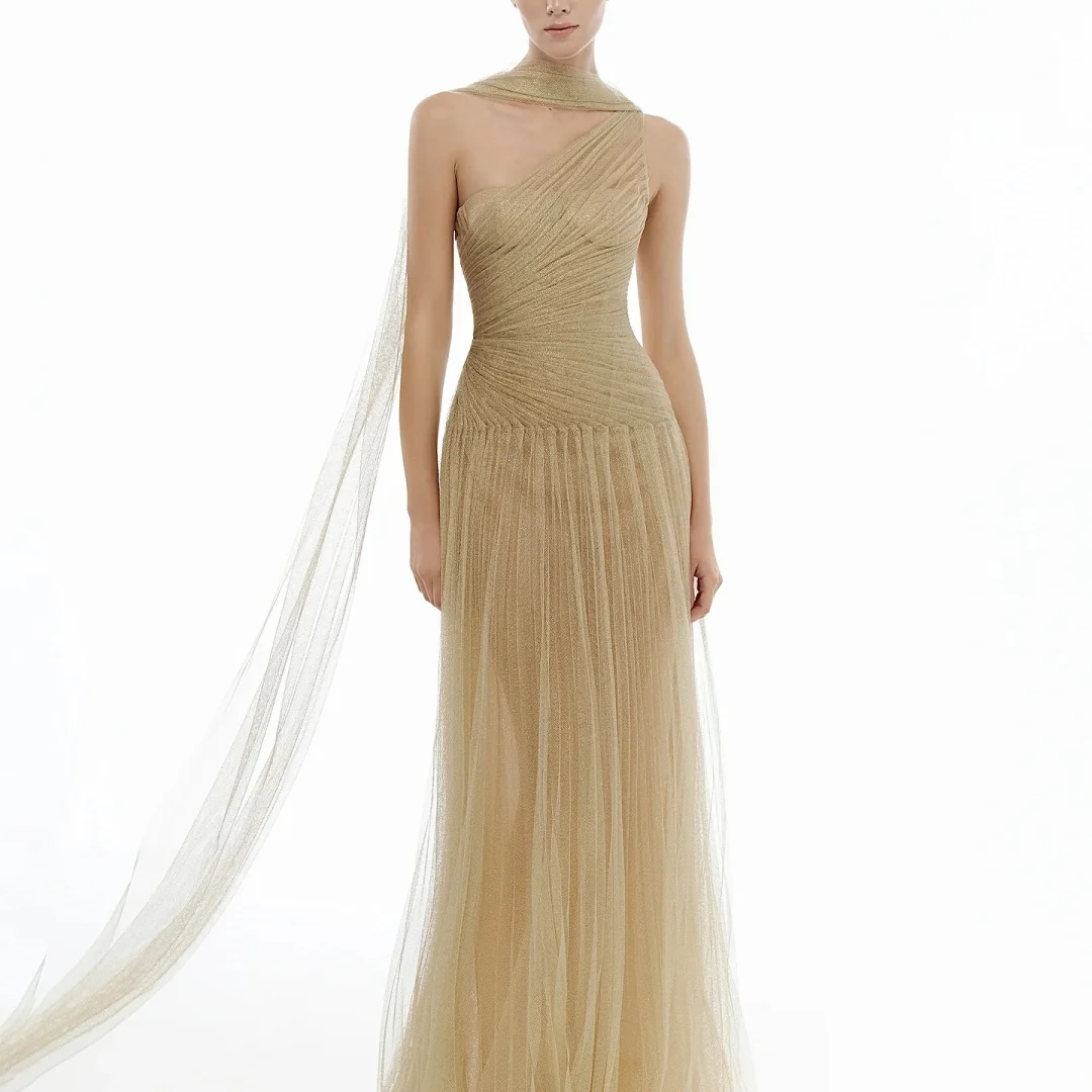 

Customized Modern Tulle Straight One Shoulder Ribbons Evening Dresses Strapless Sleeveless Watteau Train Homecoming Dr