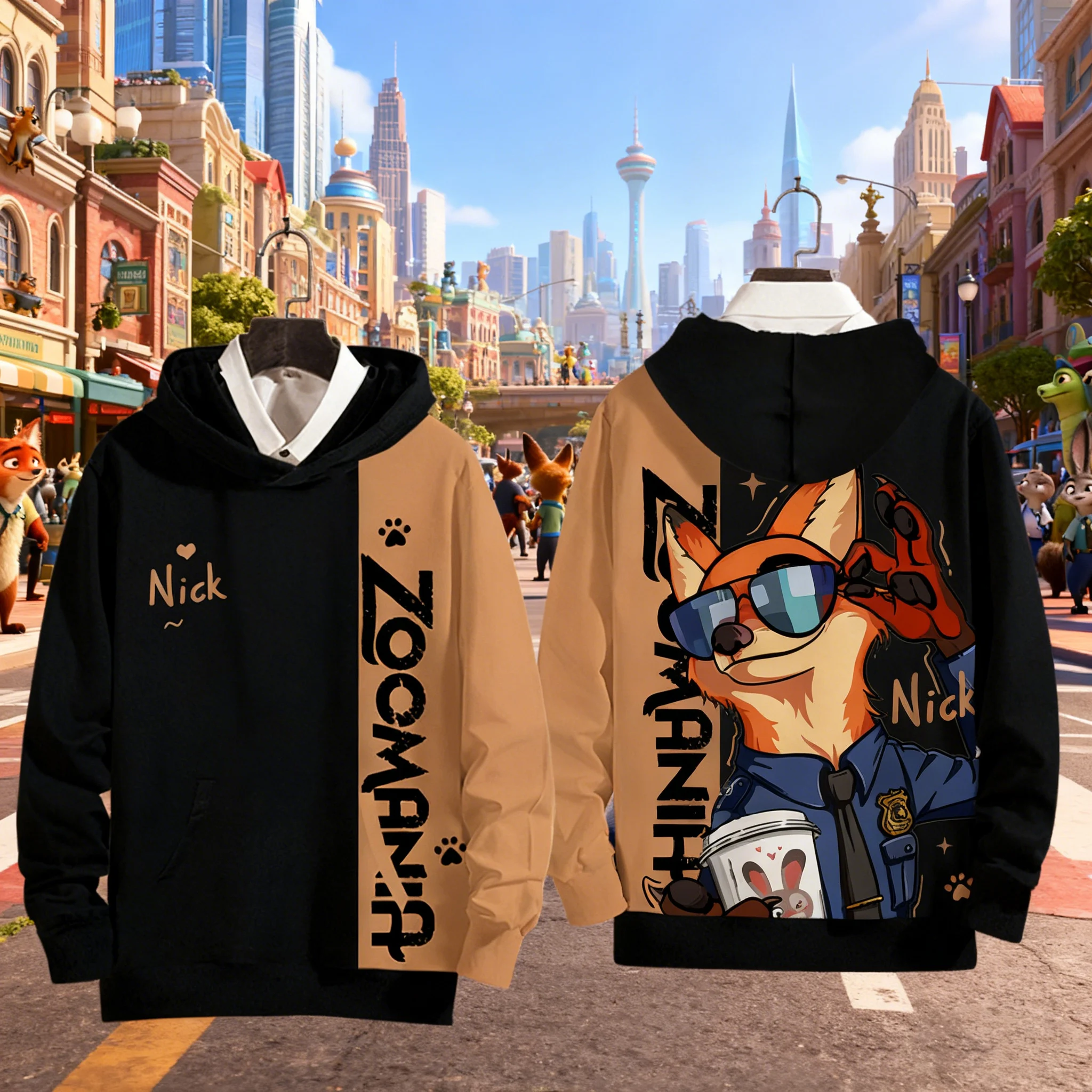 

Comfortable Hoodie with Zootopia2 Nick Wilde Theme Print, For Layering or Outerwear in Autumn Winter, Adult Youth Kids Style