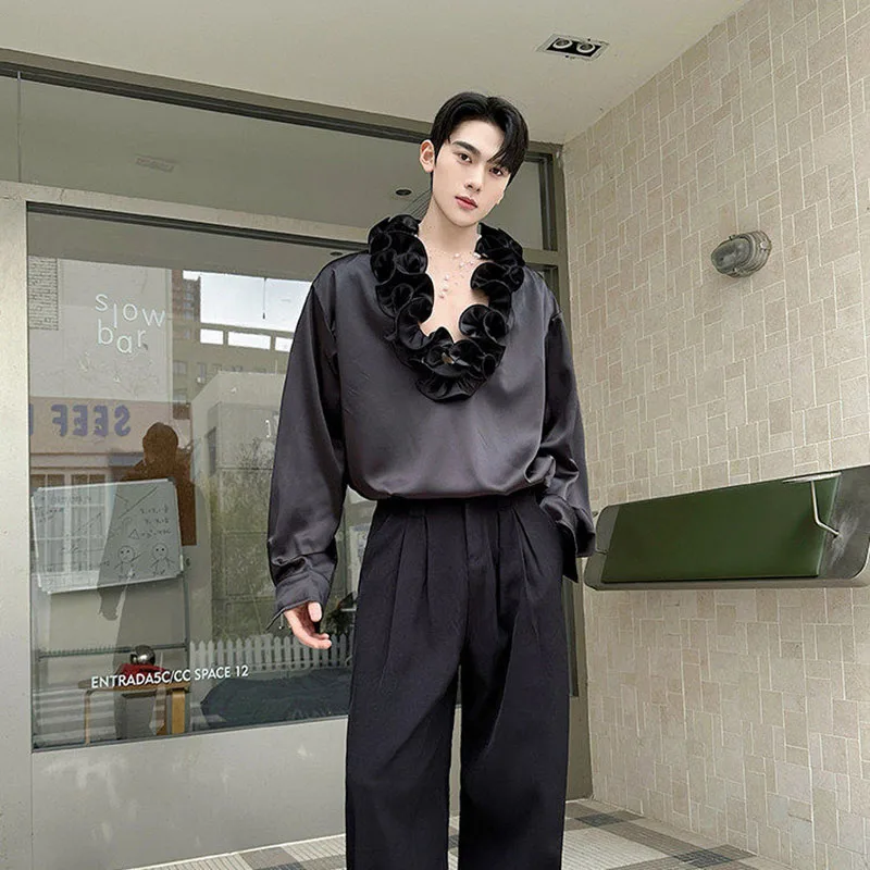 Retro Gorgeous Ruffled V-neck Shirt For Men 2026 Spring New French Fashion Elegant Solid Color Royal Long Sleeve Satin Shirts