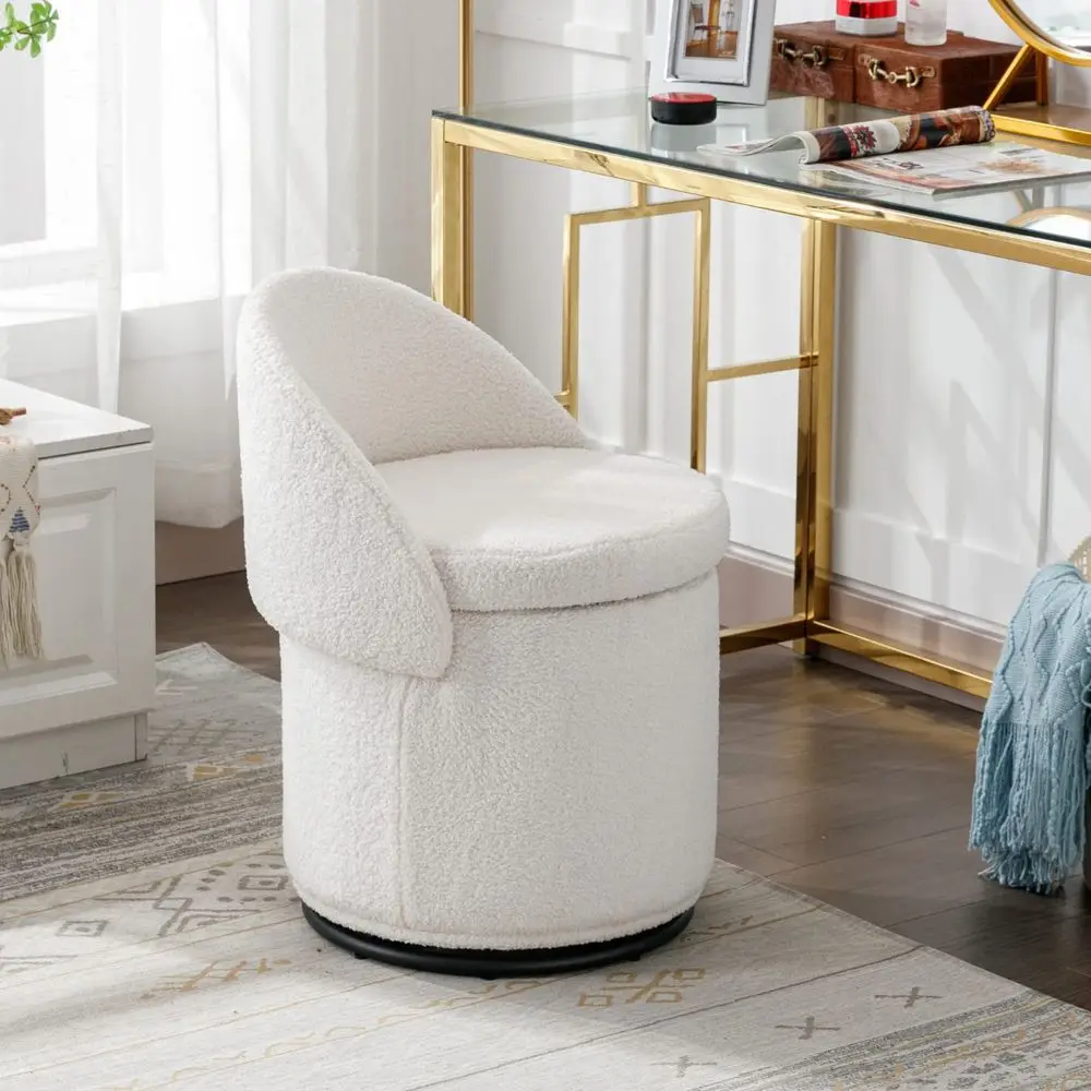 Modern Vanity Stool Set of 1, Swivel Vanity Ottoman Stool with Storage Function, Upholstered Sherpa Fabric Makeup Ottoman for B