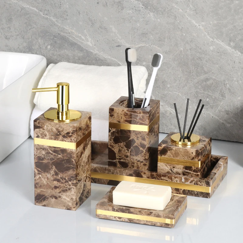 Emperador Dark Natural Marble Bathroom Accessories Luxury Golden Cotton Swabs Container Soap Dispenser Set for Bathroom