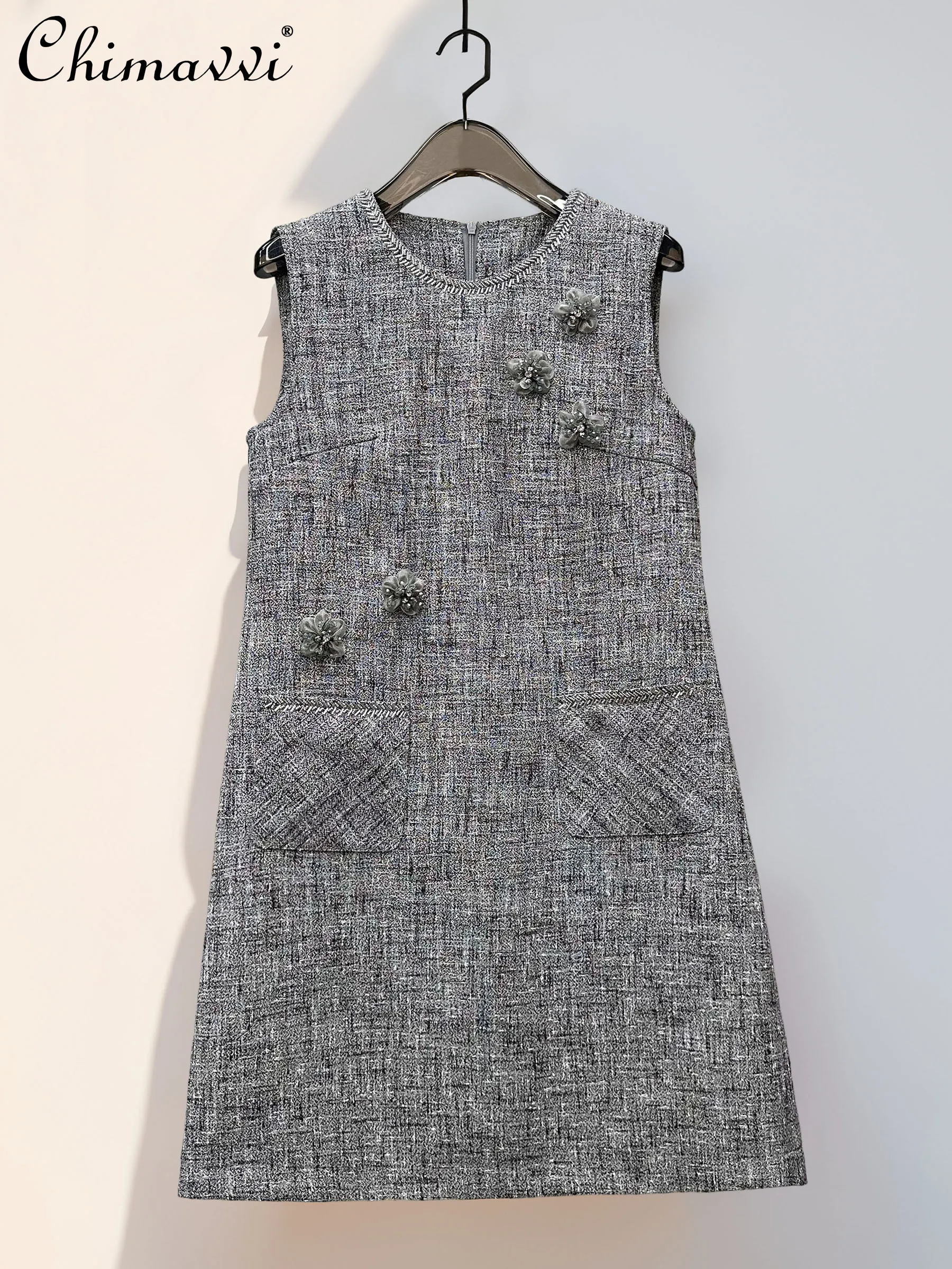 

French Elegant Fashion Tank Dress Beading 3D Flower Round Neck Sleeveless High Waist A-line Versatile Short Party Dresses Women