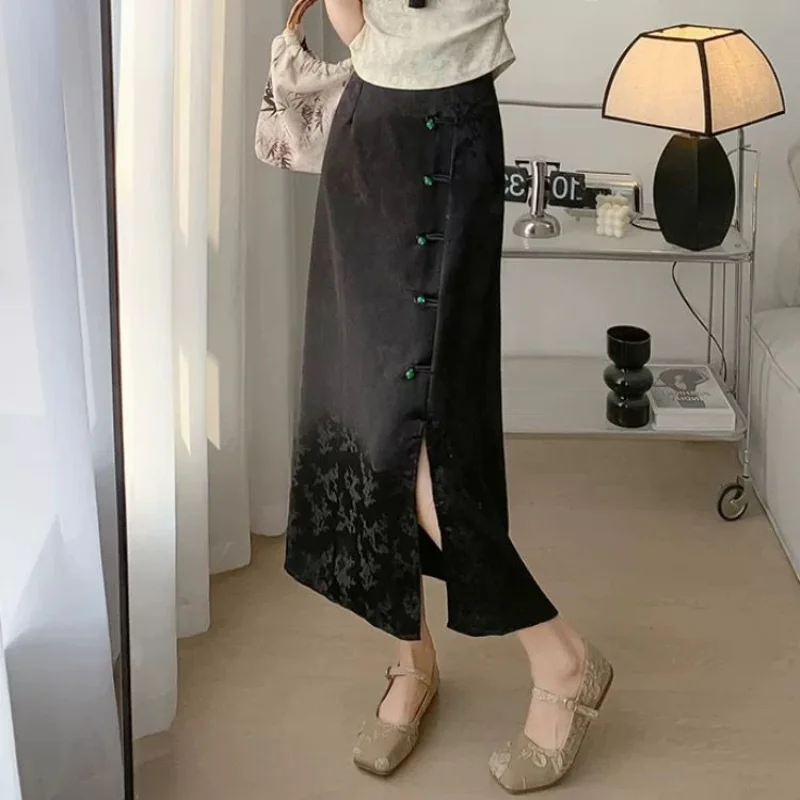 New Spring and Summer Women's Solid Color High Waist Zipper Loose Chinese Style Bag Hip A-Line Split Fashion Casual Skirt