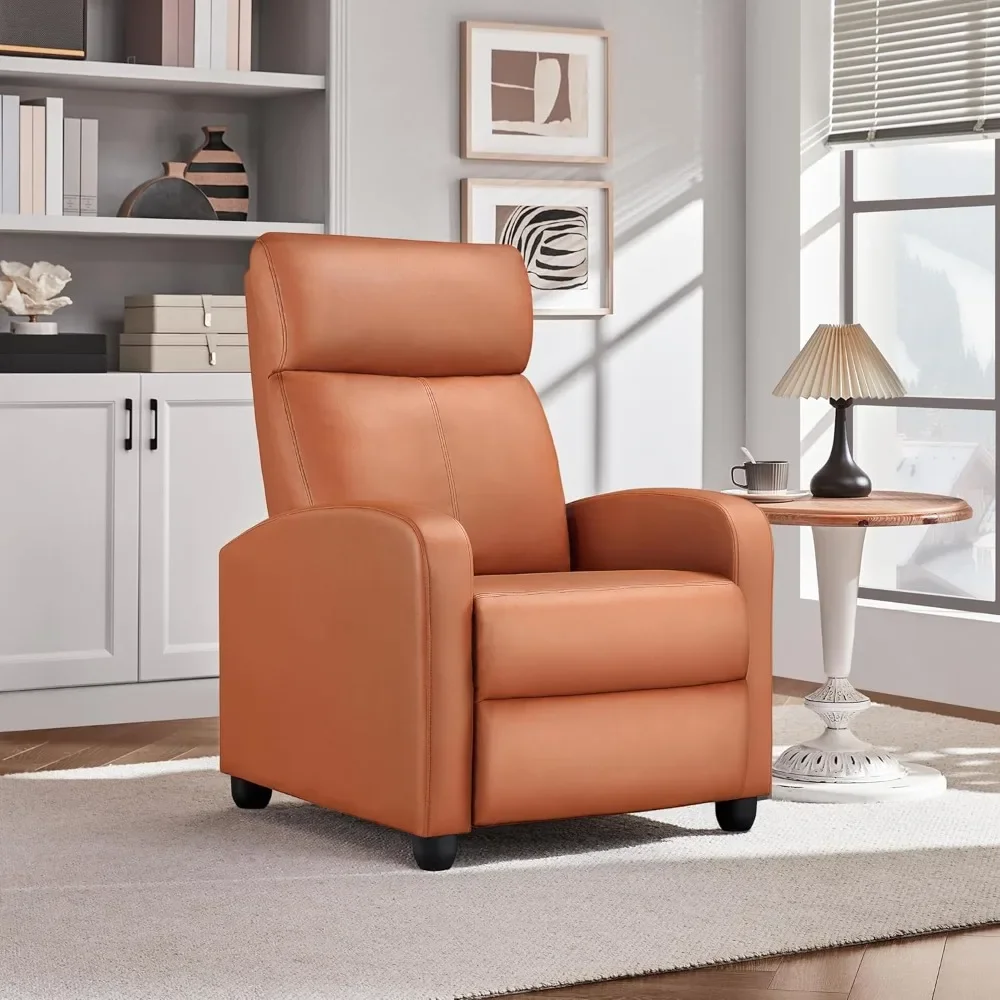 PU Leather Leisure Chair with Lumbar Support, Filled with High-density Sponge, Push-pull Brown Living Room Leisure Chair