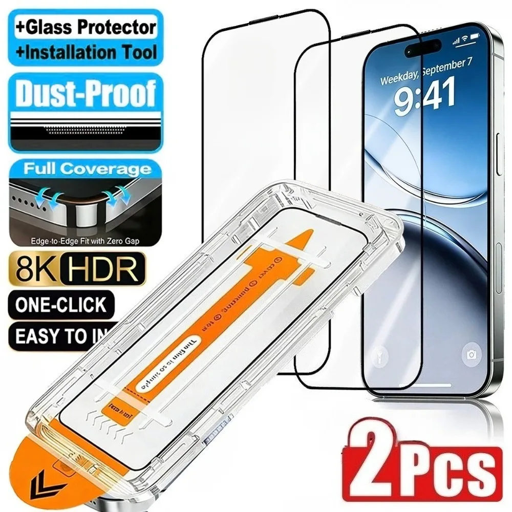 

2Pcs Full Cover HD Tempered Glass for iPhone 17 16 Pro Max 17e 16e Air 15 14 Plus 15 14 13 Pro One Click Easy Installation Glass