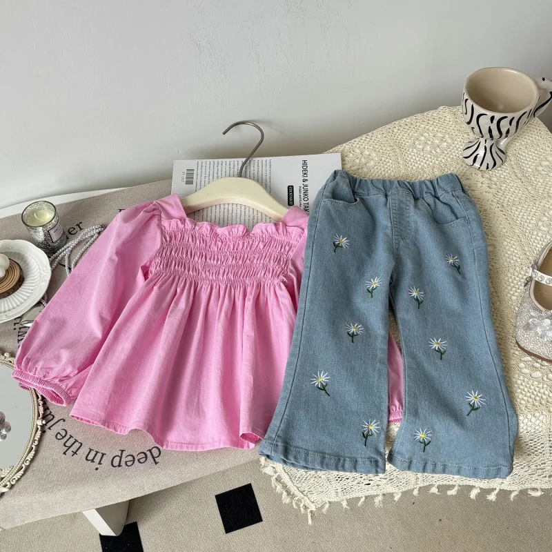 2024New Baby Girl Fashionable Stylish Puff Sleeve Floral Shirt Denim Bell-Bottom Pants Autumn Suit Break