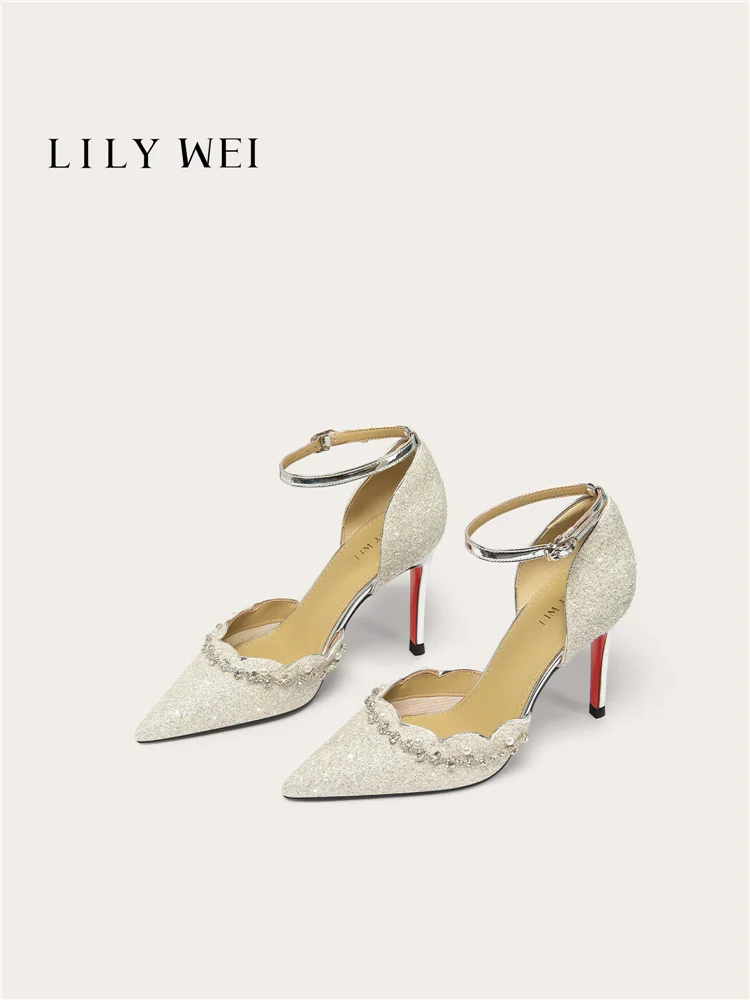Summer new pointed sequin rhinestone pearl flat wedding shoes banquet large size small size widened high heels women's sandals