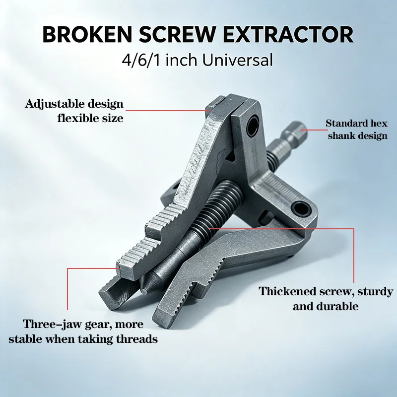 Bathroom pipe maintenance extractor hexagonal handle universal interface adjustable three jaw fixture pipe processing tool