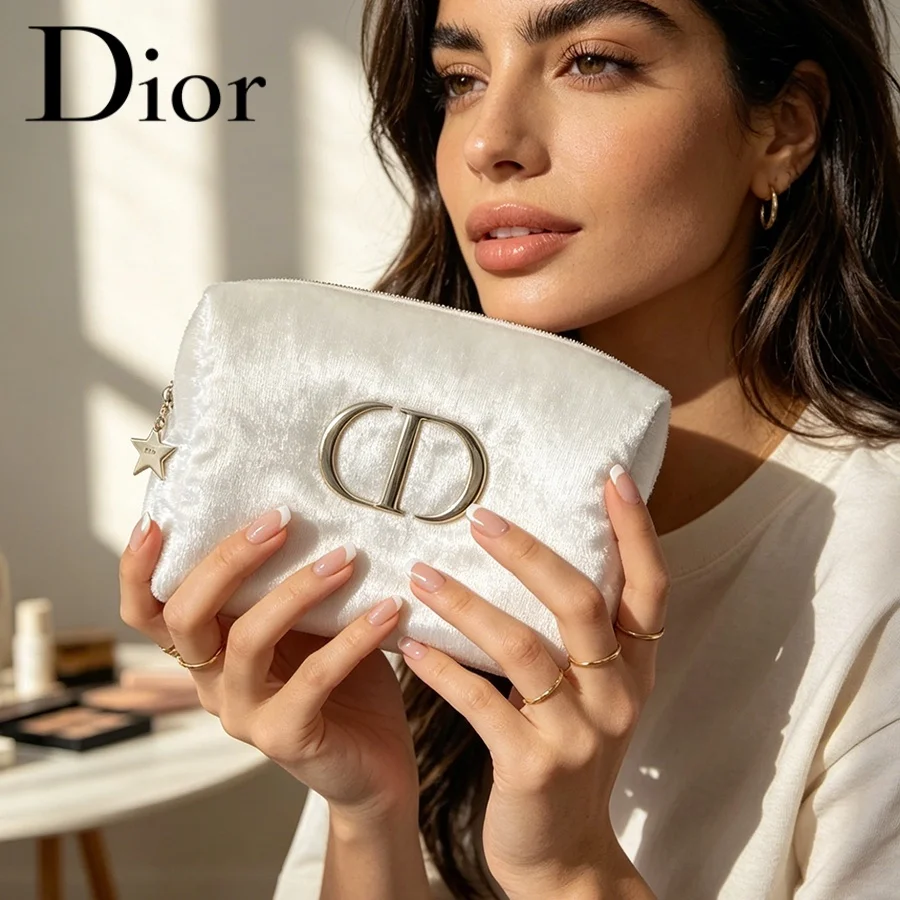 Dior’s Bag White Velvet Travel Cosmetic Bag Essential Storage Pouch For Women Simple Fashion Design With Metal Logo Perfect Gift view 3