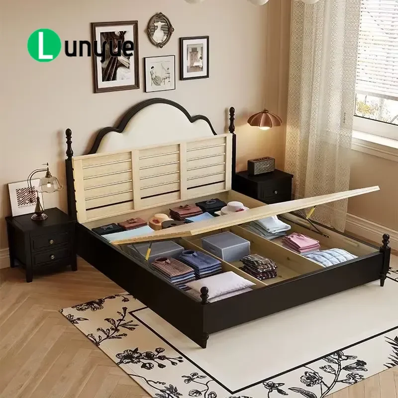 French Retro Modern Luxury Cream Solid Wood Bed with Storage Adjustable Headboard for Master Bedroom Durable Elegant Design
