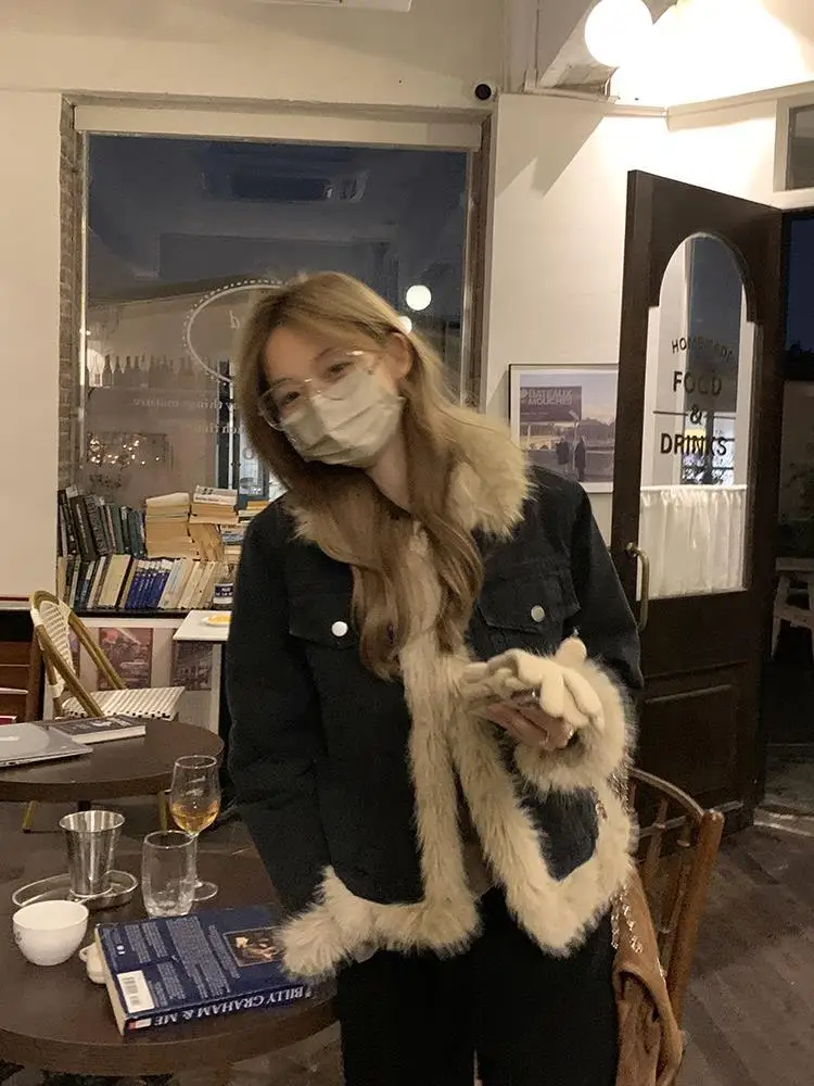 

Denim Coats Woman Oversize Fur Plush Womens Autumn Relaxed Fit Boho Style Vacation Breathable Flap Open-Front Fleece-Lined Urban