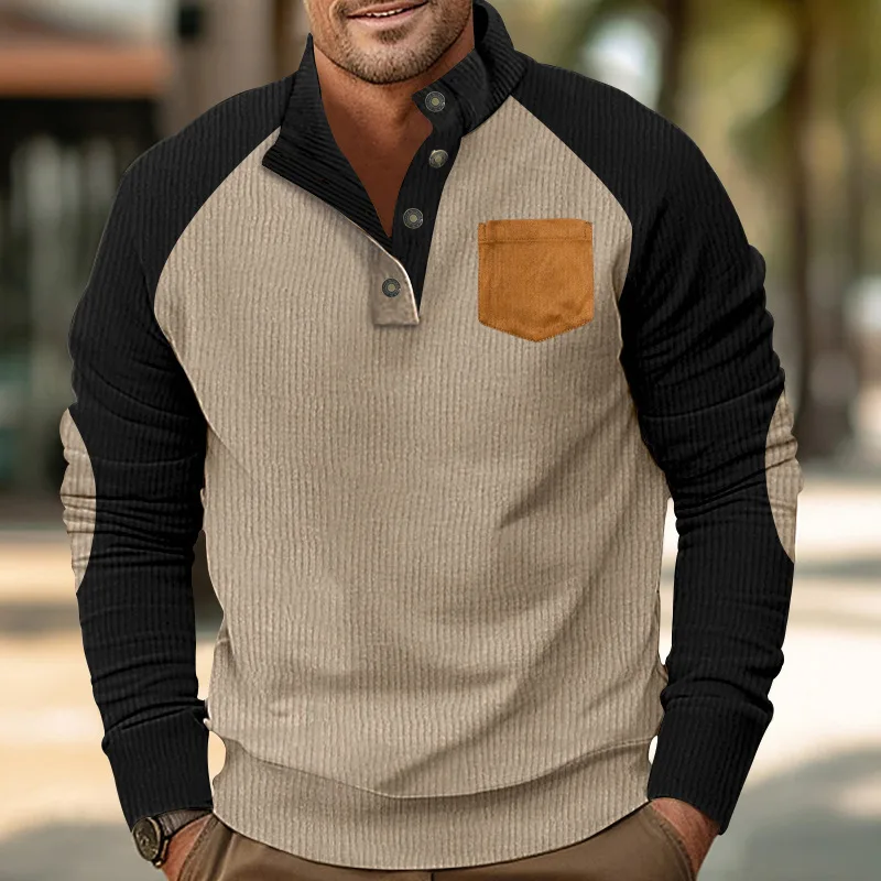 Spring and Autumn Men's Sweatshirt Corduroy Colored Patchwork Sports Sweater Standing Neck Top Casual Chic Comfortable