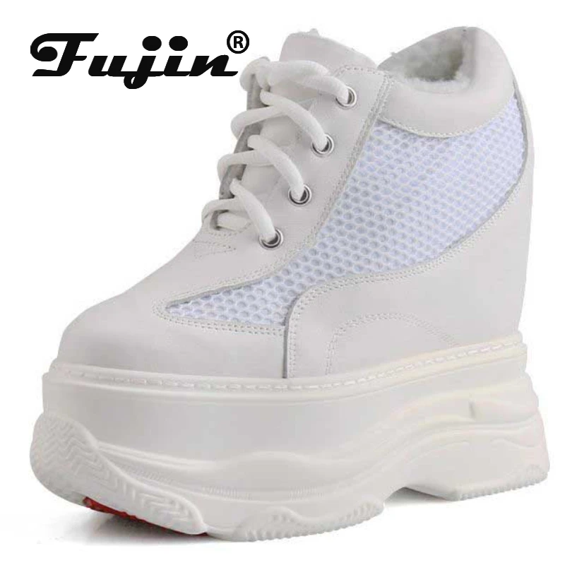 

Fujin 12.5cm Air Mesh Genuine Leather Chunky Sneaker Summer Hollow High Heel Women Sandals Platform Wedge Comfy Vulcanize Shoes