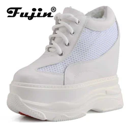 Fujin 12.5cm Air Mesh Genuine Leather Chunky Sneaker Summer Hollow High Heel Women Sandals Platform Wedge Comfy Vulcanize Shoes