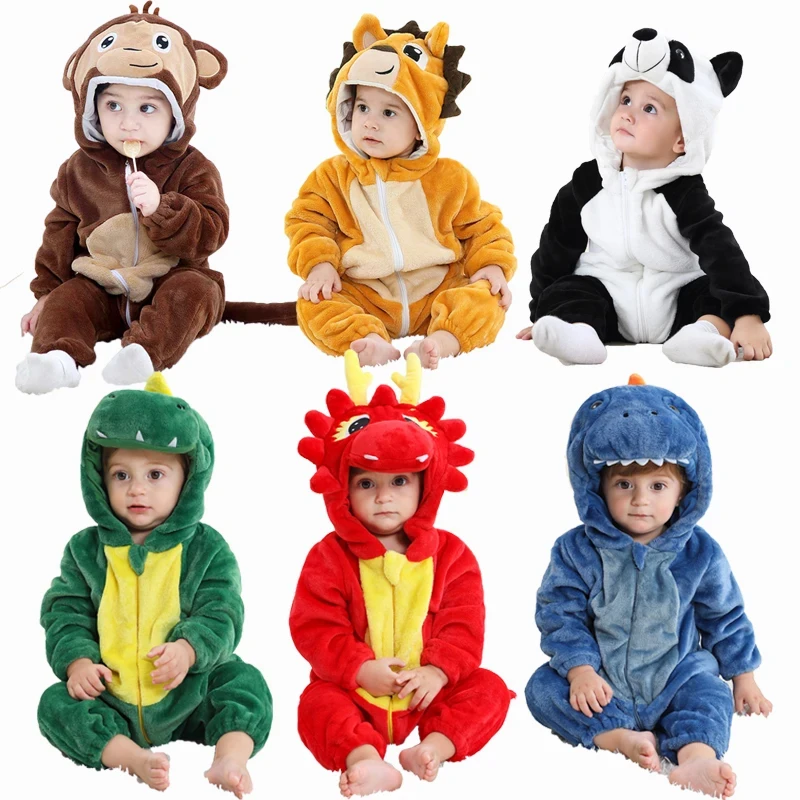 Kids Onesies Baby Rompers Winter Costume Flannel for Girl Boy Toddler Infant Clothes Animals Monkey Tiger Lion Unicorn Ropa Bebe