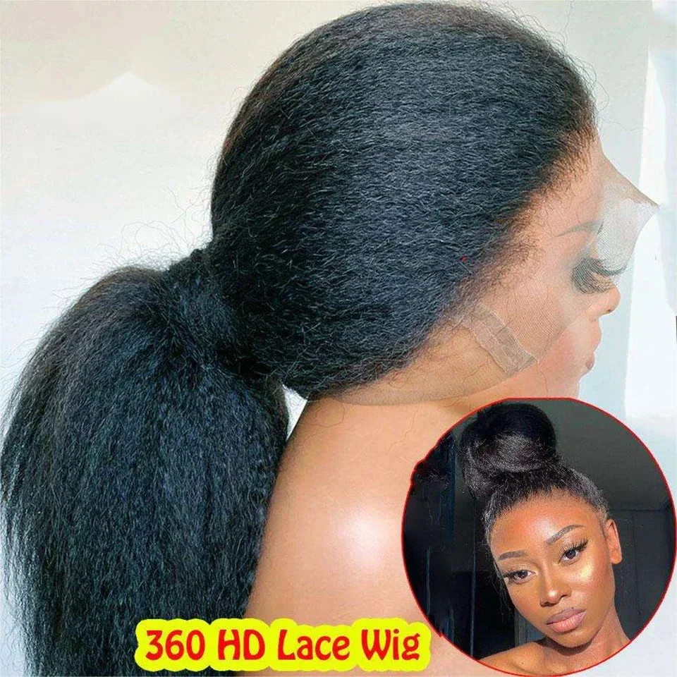 Perruques Lace Front 360 en cheveux humains, style Kinky Straight, pour femmes noires, densité 220%, Yaki Straight, perruques Full Lace 360, couleur naturelle