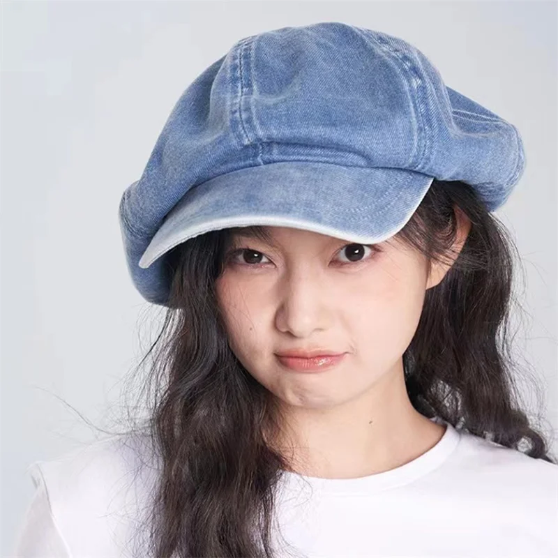 Women\'s Denim Beret Hat Spring Summer Newsboy  Painter Hat Octagonal Cap Korean Style Blue Denim Artist Painter Cap