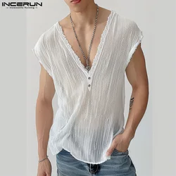 INCERUN Men Tank Tops Lace Patchwork V Neck Sleeveless Casual Male Vests Summer Loose Streetwear 2024 Fashion Men Clothing S-5XL