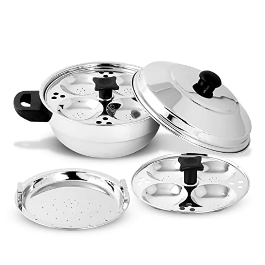 Stainless Steel 4 pcs Multi Kadai Induction Friendly Idli Cooker with Stainless Steel lid 2 idli Plates (8 Idlis) 1 patra Plate