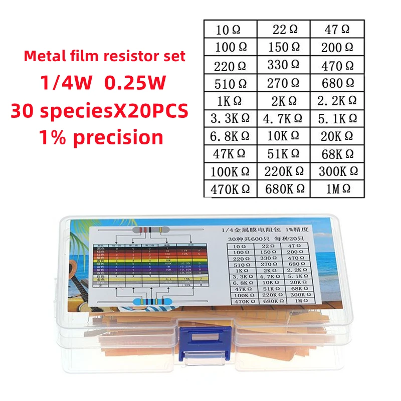 Metal film resistor kit, 1/4W resistor, 30 resistance values, 41 resistance values, 130 resistance values, 0.25W, 1% precision