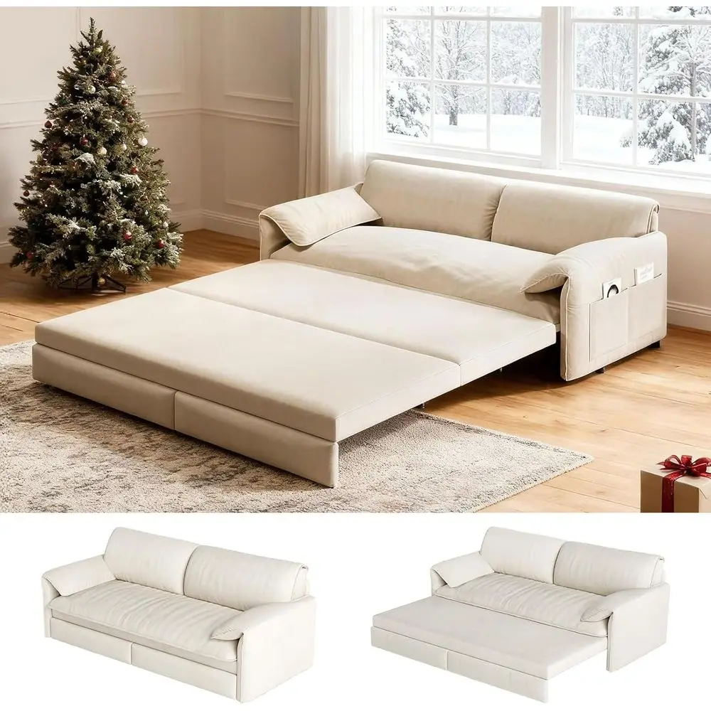 

Queen Size Sleeper Sofa Bed, 3-in-1 Convertible Pull Out Sofa Bed with Side Storage, Modern Velvet Loveseat, for Living Room, Be