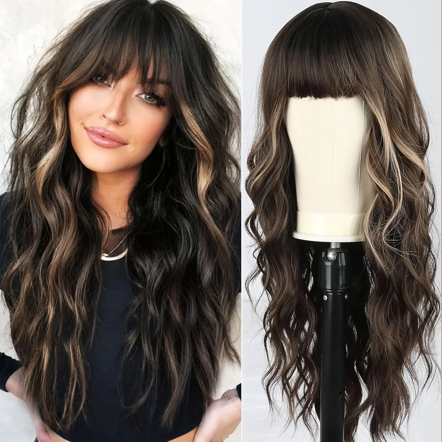 Black straight bangs long wavy hair wig, matte high-temperature silk, rose net cap, breathable