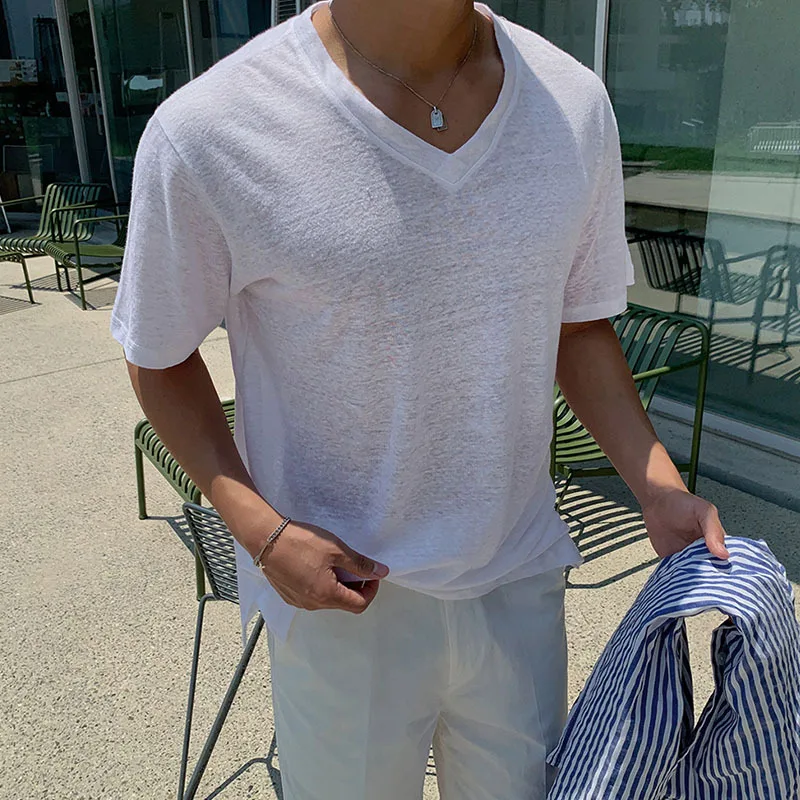 

2024 Thin New Casual Solid Color Men's Short Sleeved T-shirt V-neck Summer Short Sleeved T-shirt Trendy Men