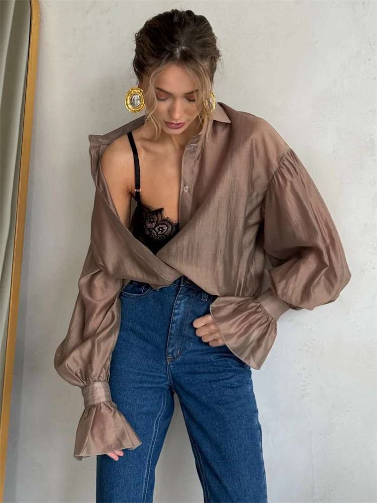 

Tossy Casual Loose Summer Shirts Coat Women See-Through Lapel Solid Patchwork Cardigan Clothes Female Elegant Commute Blouses