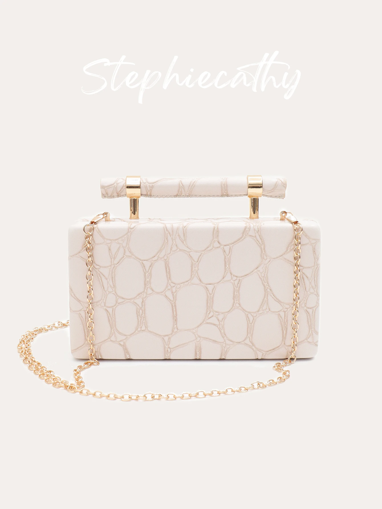 

SC Women Luxury Elegant Stone Embossed PU Leather Top-handle Evening Bag Long Metal Chain Cross Body Square Box Clutch Handbag