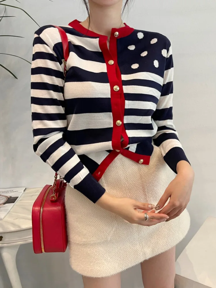 Autumn Striped Dot Knitted Women Cardigan Sweater Long Sleeve O-neck Single-breasted Tops Korean Vintage Elegant Woman Jumpers