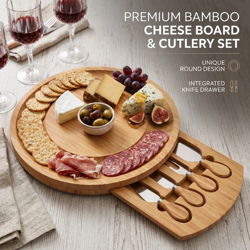 Round Bamboo Cheese Cutting Board Set with Knife Drawer for Pizza Bread Vegetable and Appetizer Serving