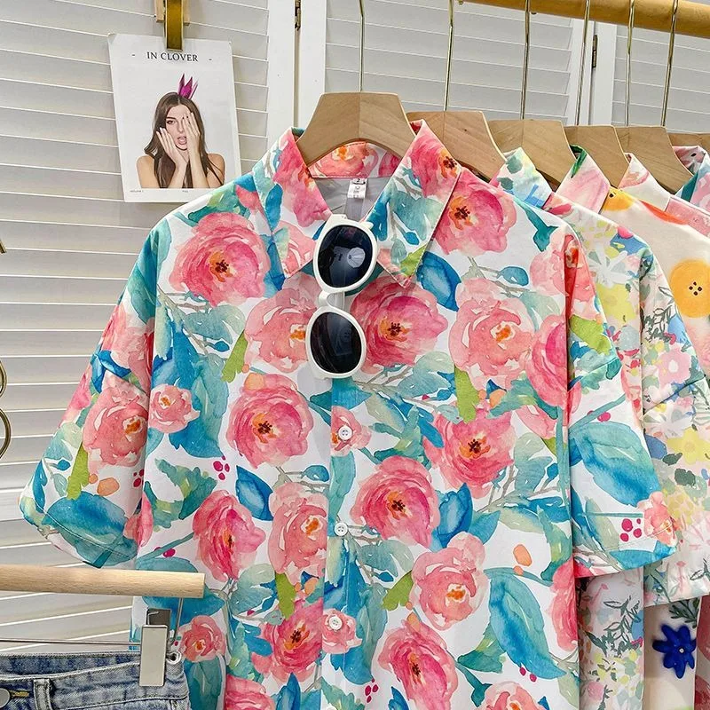 Vacation Summer New Short Sleeve Printing Loose Youth Blouse Polo Neck Floral Casual Shirt Tops Vintage Fashion Women Clothing