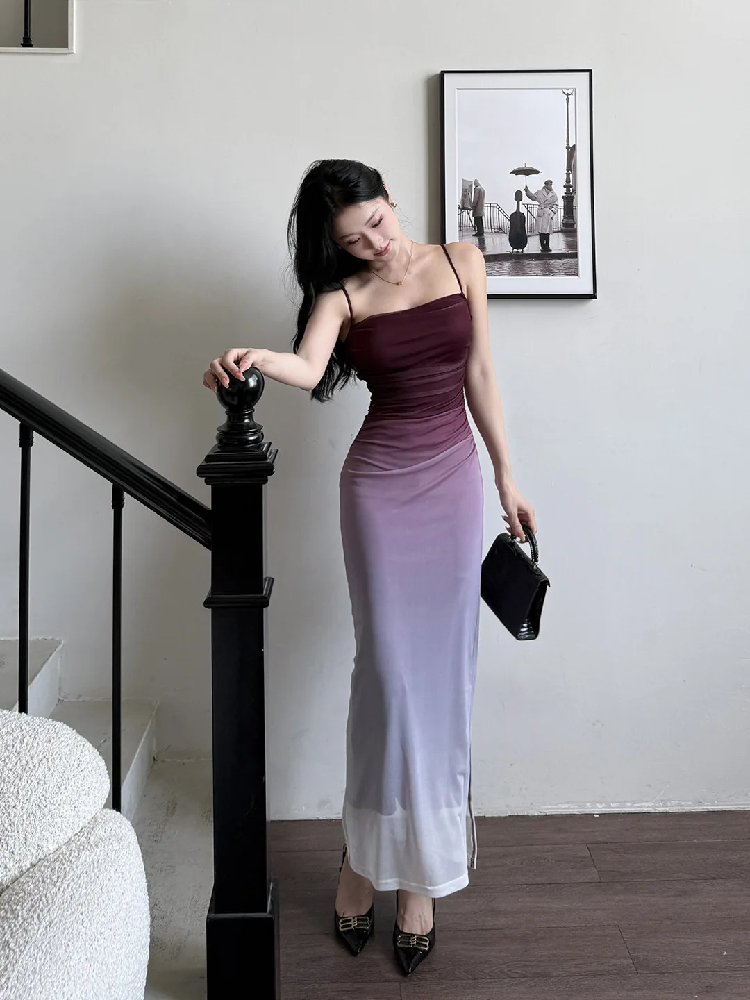 Retro Y2K Strandurlaub Mesh Farbverlauf Lila Hüftumarmendes Kleid für Frauen Sexy schulterfreies, plissiertes, figurbetontes Kleid mit seitlichem Schlitz