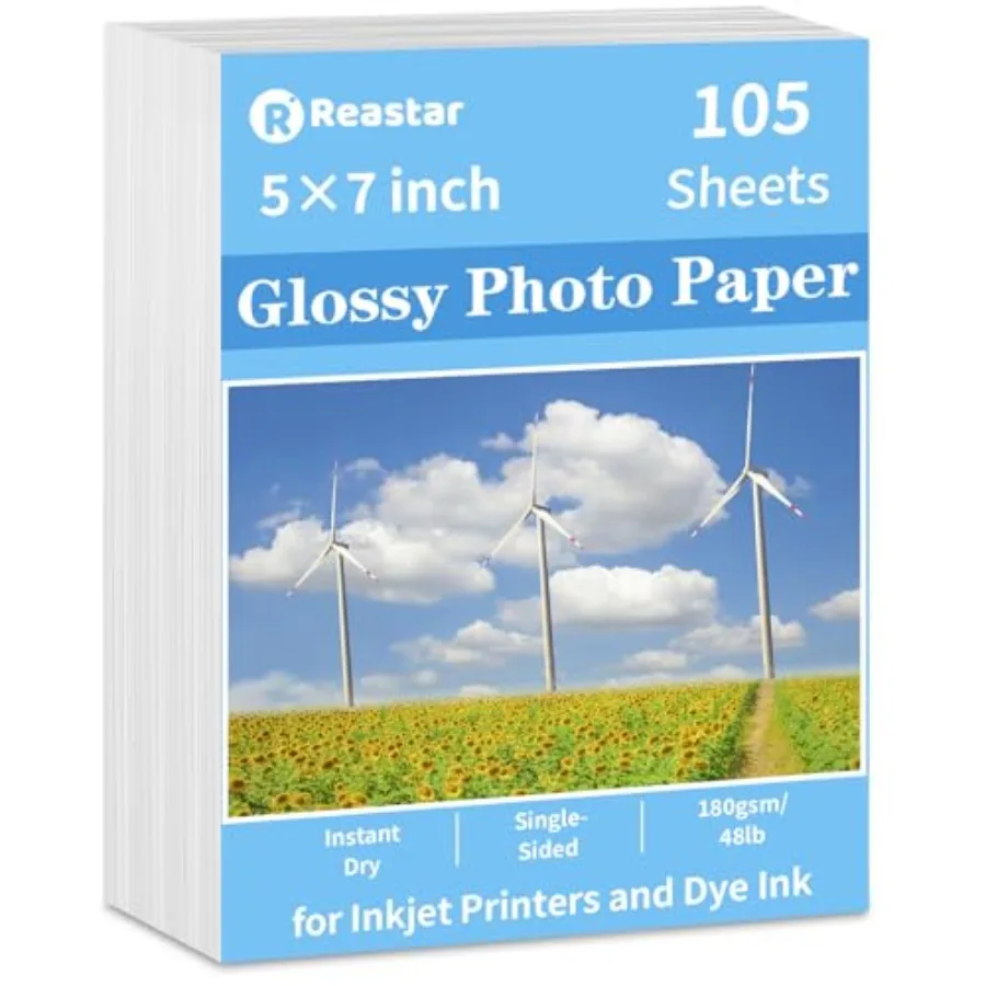 

5x7 Glossy Photo Paper, 105 Sheets Picture Paper for Inkjet Printer, Instant Dry, for DIY Chip Bag, Flyers, Cards, Calendars an