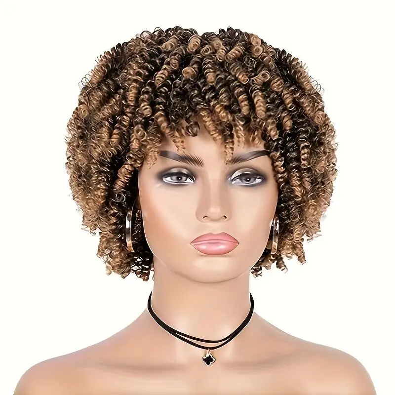 Afro Wig Short Curly Wigs Synthetic Hair Wigs for Black Women, Short Curly Afro Wigs with Bangs Natural Curly Cosplay Party image 6