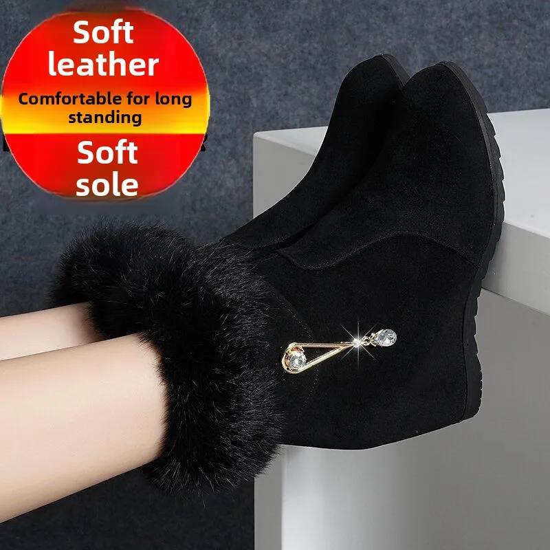 

Women's Short Snow Boots Fur Lined Thickened Winter Warm Cotton Shoes Inner Heightening Rabbit Fur Leather And Fur Integrated