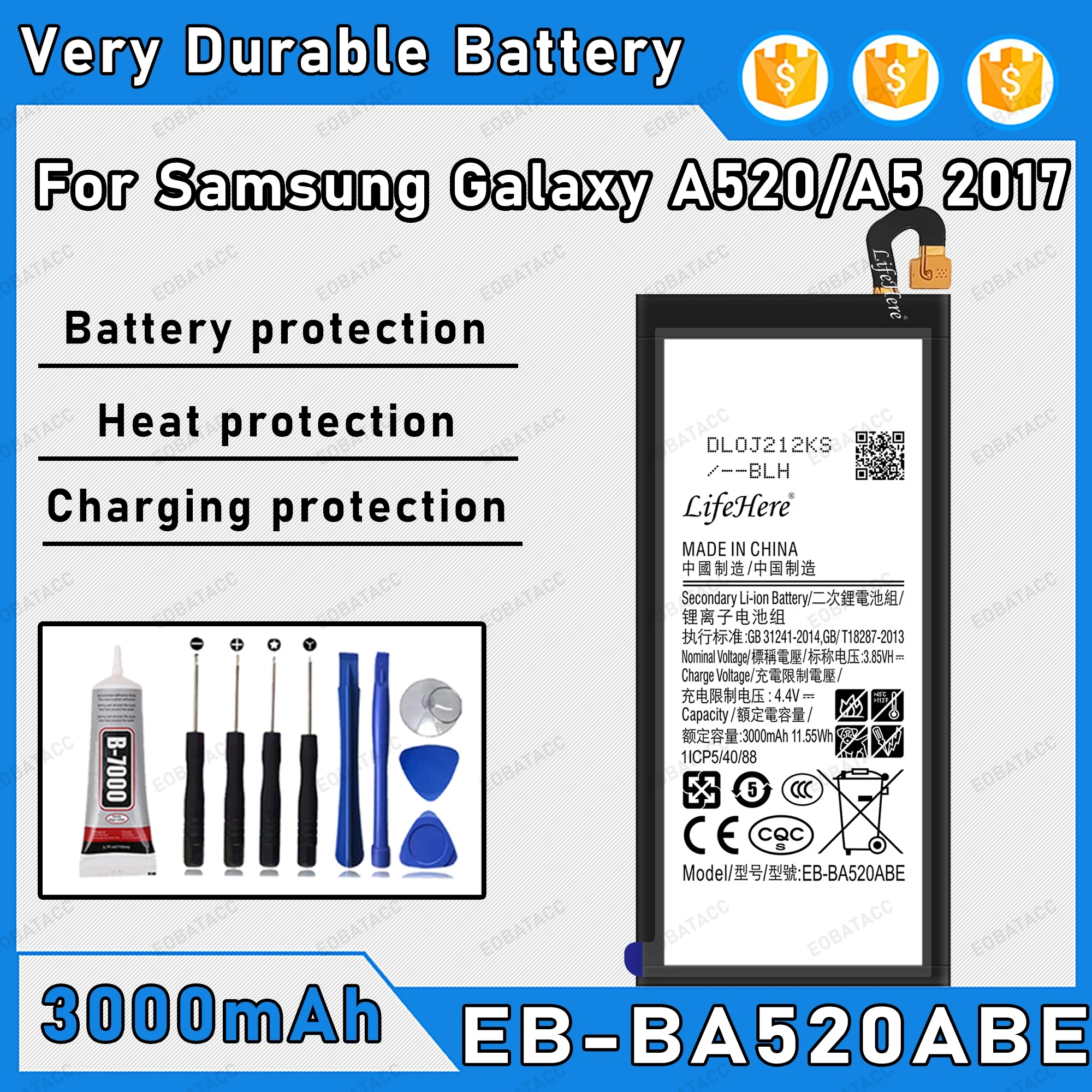 

3000mAh 100% New EB-BA520ABE Battery For Samsung Galaxy A5 2017/A520 Replacement Bateria+Free Tools
