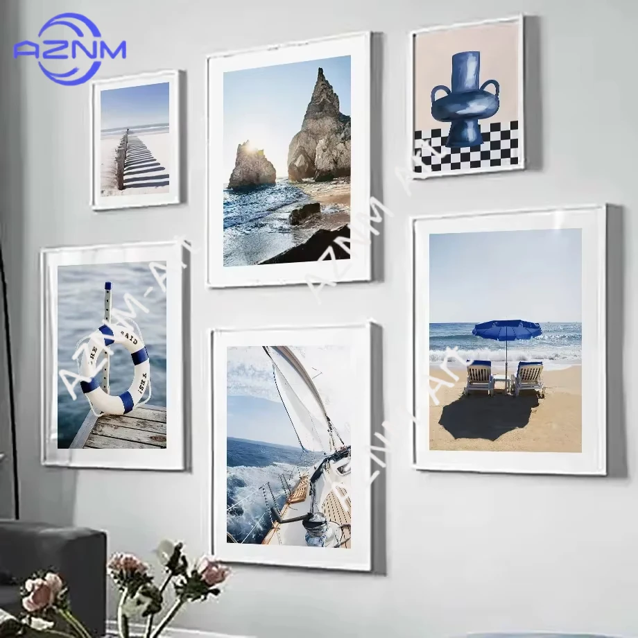 1PC ，Blue Sea Sunshine Beach White Sailboat Vase Minimalist Wall Art Print Canvas Painting Posters for Living Room Modern Home